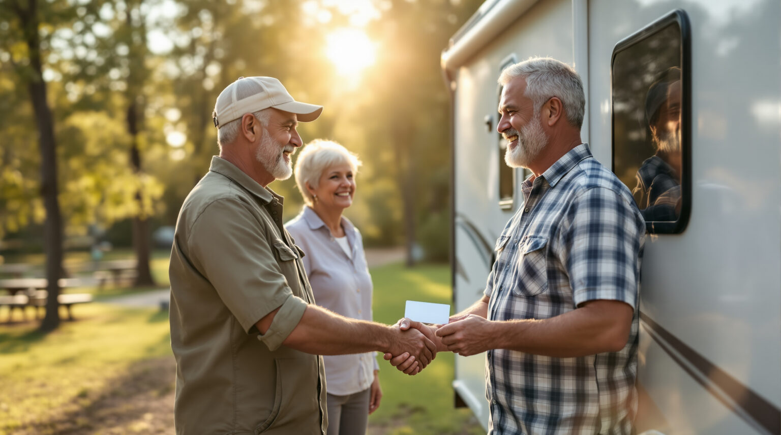 RV park manager shaking hands with a smiling couple next to their motorhome, offering a loyalty card, with a sunlit campground and trees in the background.