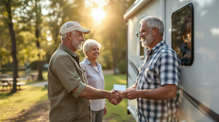 RV park manager shaking hands with a smiling couple next to their motorhome, offering a loyalty card, with a sunlit campground and trees in the background.
