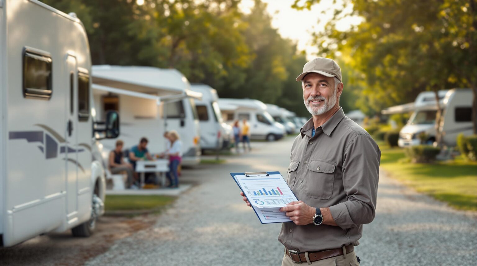 RV park manager with clipboard observing new arrivals as families set up motorhomes in a generic outdoor setting with soft sunlight and blurred green trees in the background