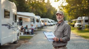 RV park manager with clipboard observing new arrivals as families set up motorhomes in a generic outdoor setting with soft sunlight and blurred green trees in the background