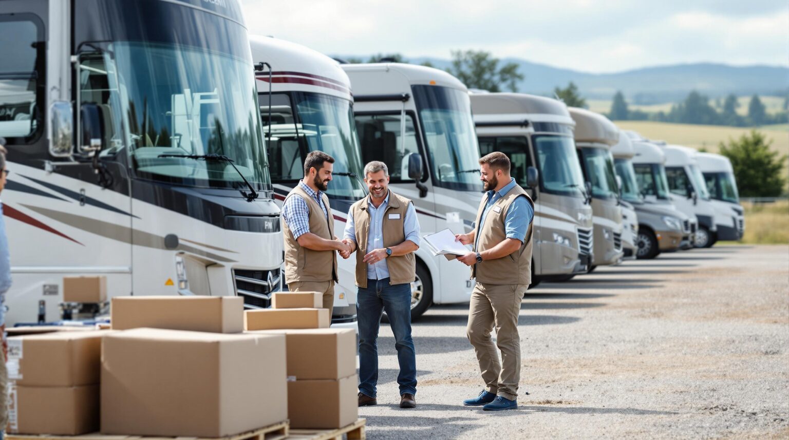 Four RV park managers standing near recreational vehicles and stacked boxes, shaking hands and reviewing a clipboard in a generic outdoor lot with trees and hills in the background.
