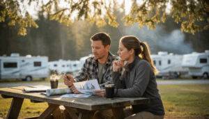 Two RV park managers review colorful charts at a picnic table with generic RVs and trees in the blurred background, sunlight highlighting their collaborative planning session.