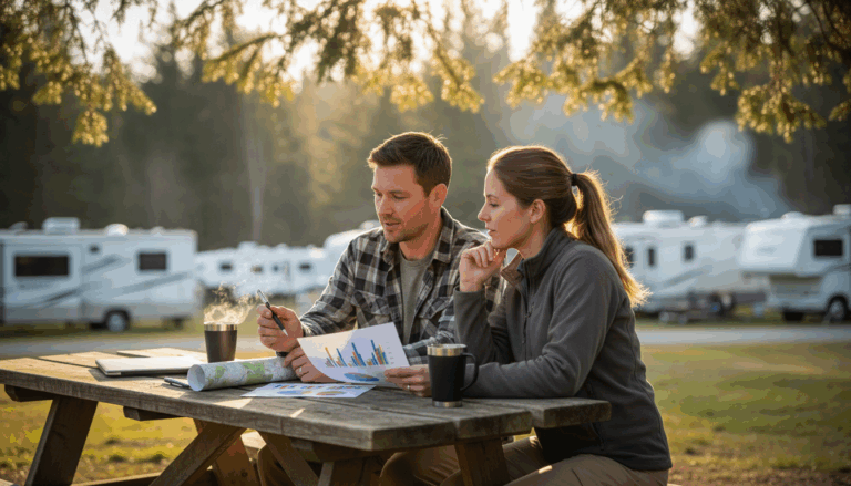 Two RV park managers review colorful charts at a picnic table with generic RVs and trees in the blurred background, sunlight highlighting their collaborative planning session.