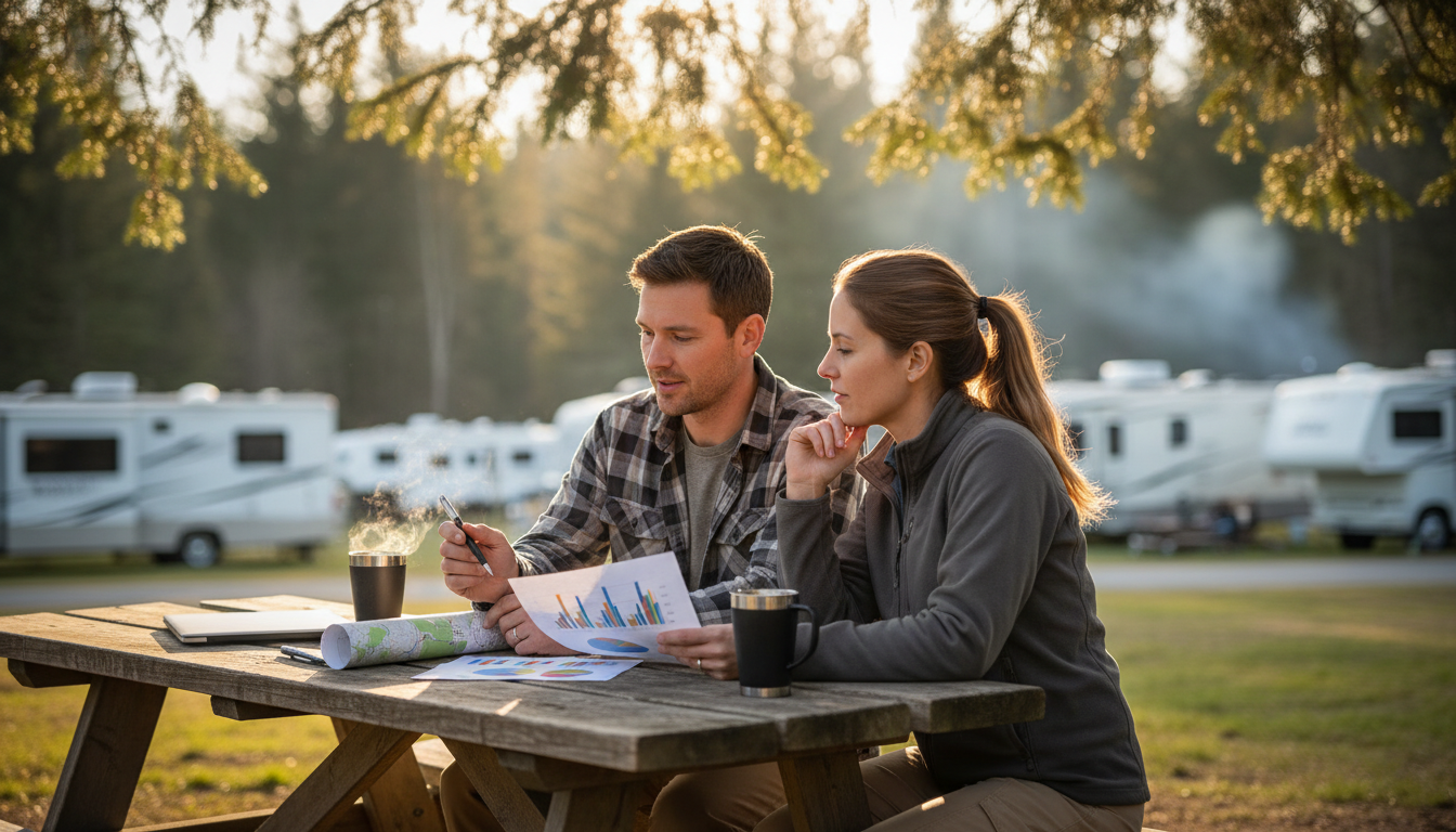 Two RV park managers review colorful charts at a picnic table with generic RVs and trees in the blurred background, sunlight highlighting their collaborative planning session.
