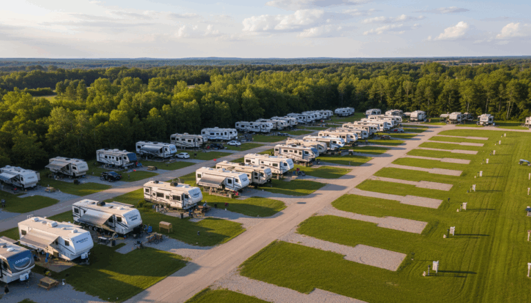 Aerial view of a generic RV park with one side full of parked motorhomes and campers, while the other side has several empty pads, under partly cloudy skies and surrounded by trees and rolling hills.