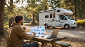 Digital marketer analyzing charts at a picnic table beside a white RV in a generic campground, surrounded by pine trees and early morning sunlight, with a laptop and office supplies