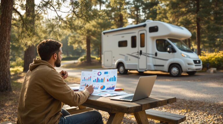 Digital marketer analyzing charts at a picnic table beside a white RV in a generic campground, surrounded by pine trees and early morning sunlight, with a laptop and office supplies