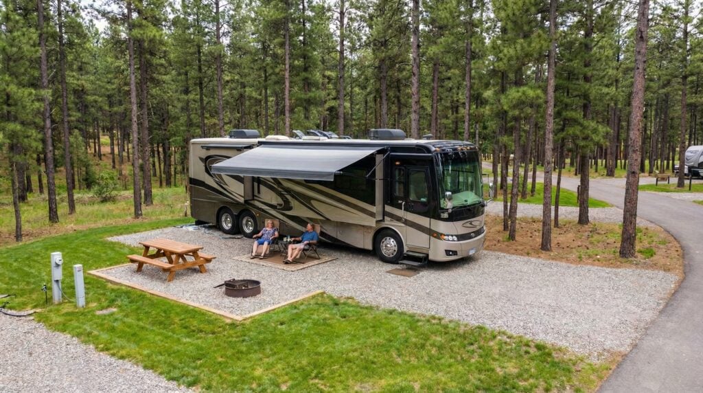 RV parked in forest campsite with picnic area.