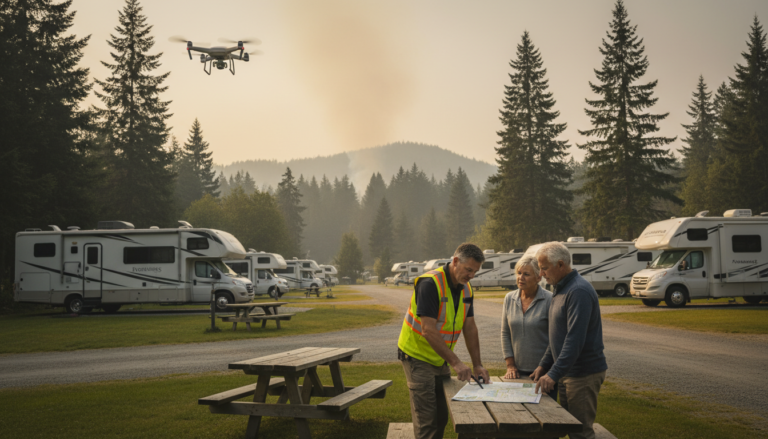 RV park residents and manager review evacuation map as smoke rises in the distance, with a drone hovering overhead and RVs parked among trees in warm afternoon light.