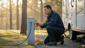 Technician inspecting RV utility hookup with multimeter at generic campsite, white trailer and pine trees in background
