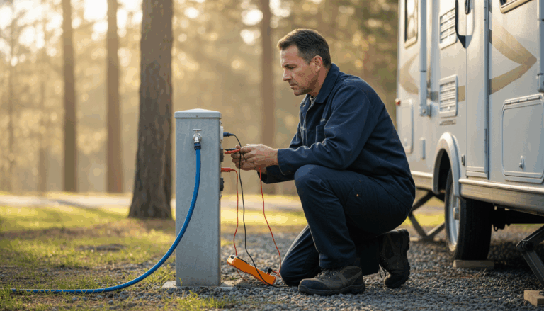 Technician inspecting RV utility hookup with multimeter at generic campsite, white trailer and pine trees in background