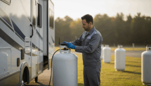 Technician in work uniform installing a wireless sensor on a white propane tank next to a modern RV in a generic tree-lined campground, with additional tanks and blurred greenery in the background.