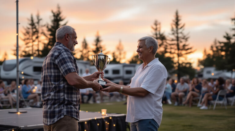 Outdoor RV resort awards ceremony at sunset with guests applauding as a manager presents a trophy to a smiling couple on a decorated stage, string lights and RVs in the background.