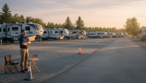 Resort manager surveys RV lot with parked motorhomes and vacant pads at sunset, evergreen trees in soft focus background, conveying occupancy analysis.