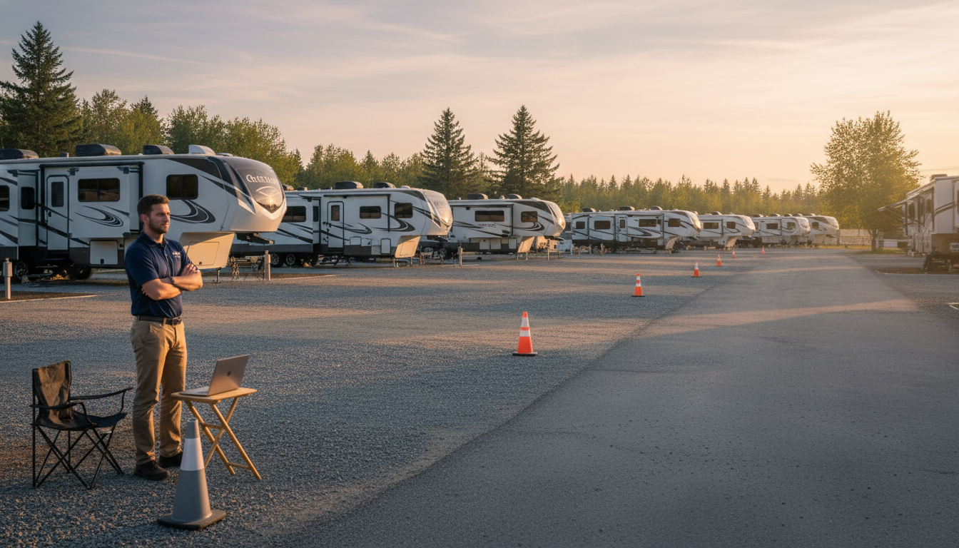 Resort manager surveys RV lot with parked motorhomes and vacant pads at sunset, evergreen trees in soft focus background, conveying occupancy analysis.