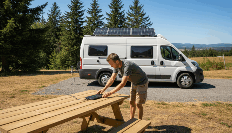 Traveler charging smartphone on wireless pad at picnic table near RV with rooftop solar panels in a sunny, generic RV park setting with trees and hills in the background