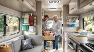 A couple organizes cookware and storage bins inside a modern RV, showcasing hidden storage solutions like pull-out drawers, overhead cabinets, and hanging organizers in a well-lit, generic interior.