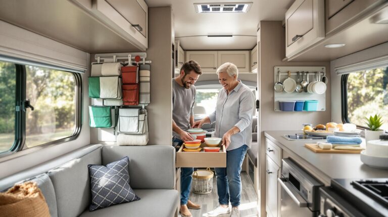 A couple organizes cookware and storage bins inside a modern RV, showcasing hidden storage solutions like pull-out drawers, overhead cabinets, and hanging organizers in a well-lit, generic interior.