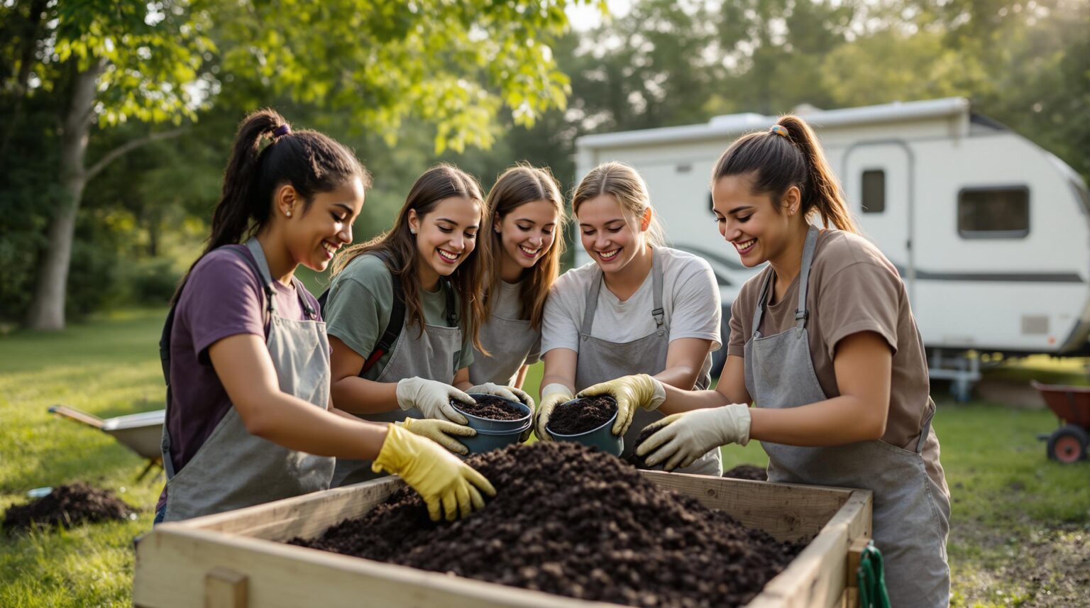 High school students in gardening gloves add compost to a wooden bin at a grassy RV campsite, with a white RV and trees in the background.