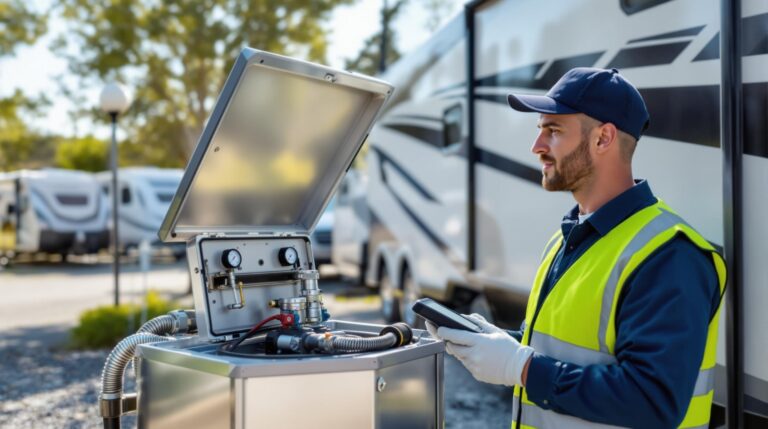 Maintenance technician in safety vest inspecting wastewater pump beside a motorhome at a generic RV park, with diagnostic device in hand and blurred background.