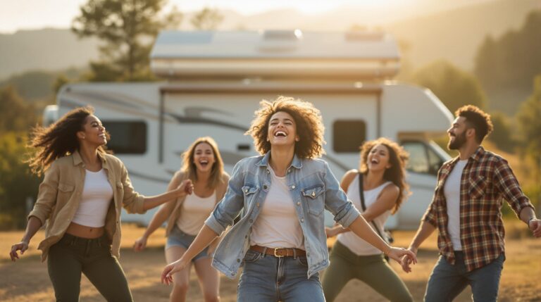 Five young adults laughing and dancing together in front of a white RV at a campground, surrounded by blurred trees and hills in soft golden sunlight