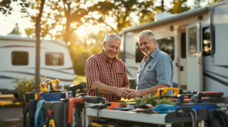 Two adults select tools from a mobile tool library cart at an RV resort, with unbranded RVs and trees in the background on a sunny afternoon.