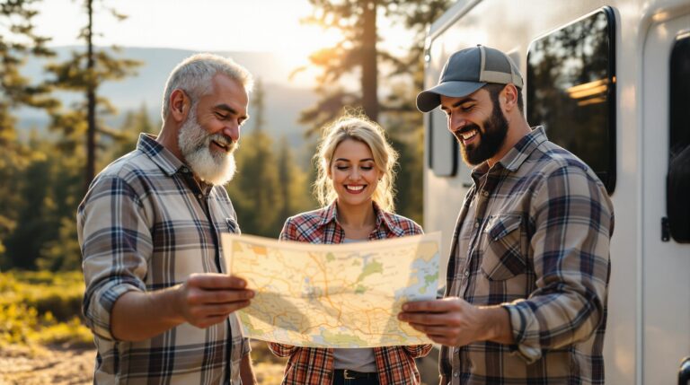 Three RV travelers study a road map together beside a white motorhome at a forested campsite, with soft sunlight filtering through trees in the background.