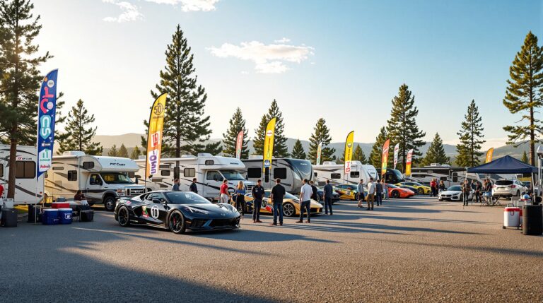 A realistic stock photo showing a busy RV park with a car rally pit stop, featuring sleek sports cars with generic decals parked beside modern motorhomes under a clear sky, with a diverse group of adults in casual and racing attire talking near a canopy and coolers, colorful abstract sponsor banners fluttering in the background, set against a gravel lot with blurred pine trees and distant hills, captured with a professional camera in natural golden hour lighting