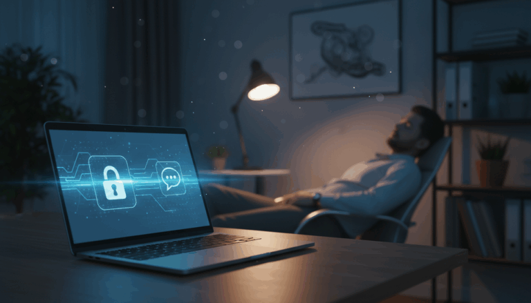 Modern workspace at night with unbranded laptop glowing, holographic padlock and chat icons floating above, person sleeping in office chair, warm desk lamp and blurred generic background.