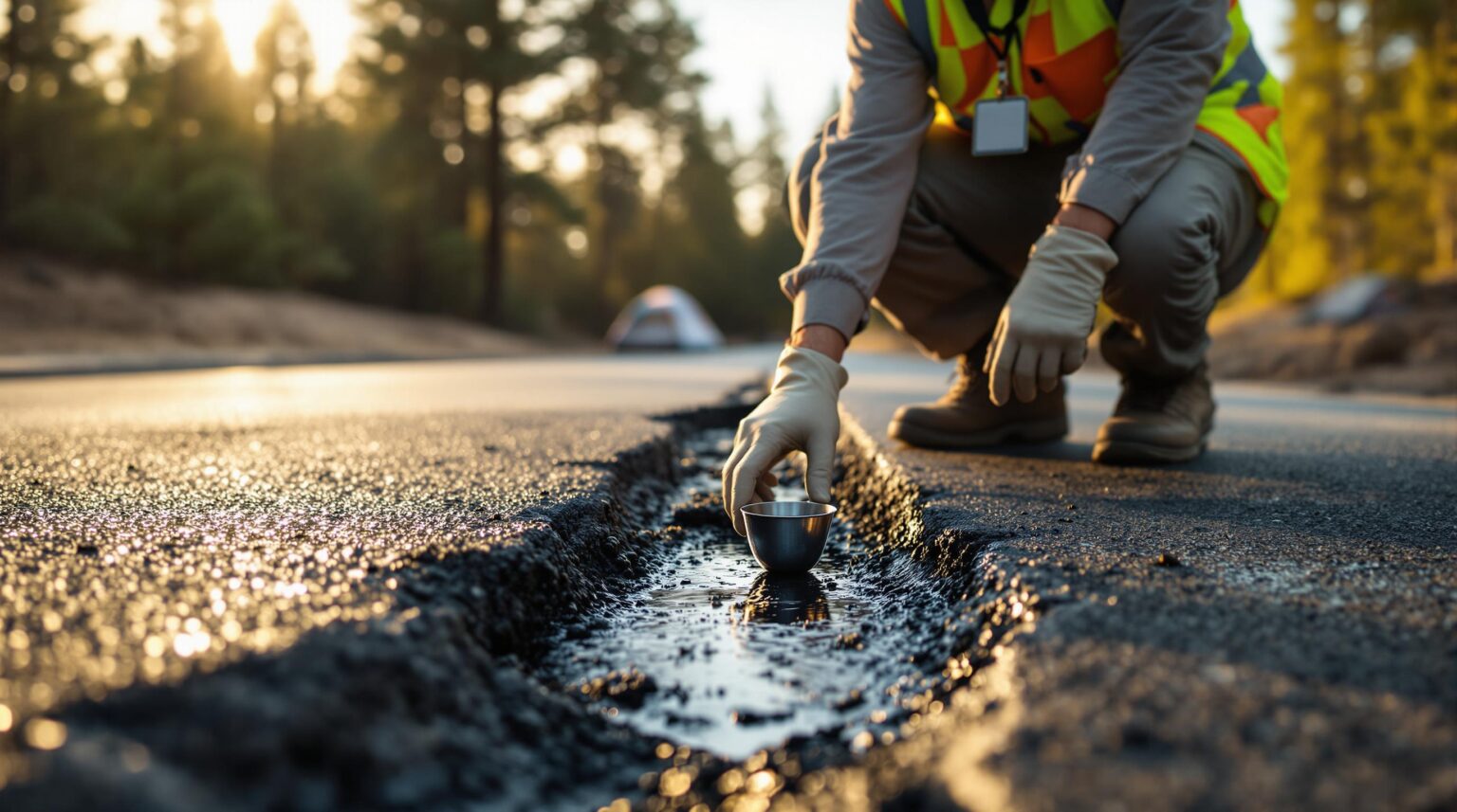 Maintenance worker examines a fresh patch of self-healing asphalt on a cracked campsite road, surrounded by blurred tents and evergreen trees in the background.
