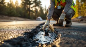 Maintenance worker examines a fresh patch of self-healing asphalt on a cracked campsite road, surrounded by blurred tents and evergreen trees in the background.