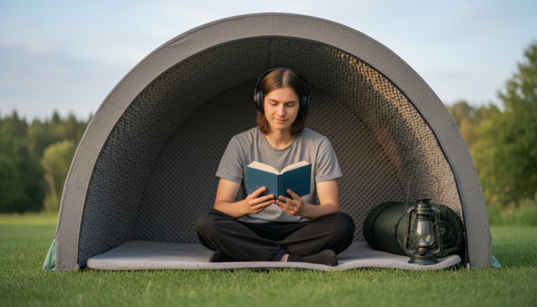 Young adult sitting inside a small sound-absorbing camping pod on grass, wearing headphones and reading a book, with a sleeping bag and lantern nearby, soft green background blurred.