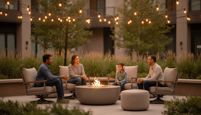 A diverse group of adults and a child sit calmly around a modern fire pit in adjustable cushioned chairs, with the child wearing noise-canceling headphones. The setting is outdoors in a softly lit courtyard with string lights, featuring a warm and inclusive atmosphere.