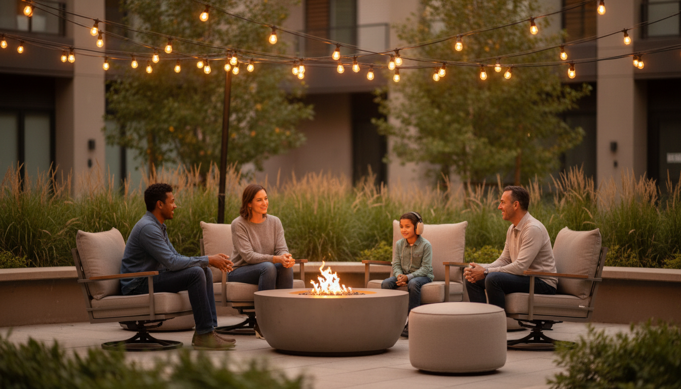 A diverse group of adults and a child sit calmly around a modern fire pit in adjustable cushioned chairs, with the child wearing noise-canceling headphones. The setting is outdoors in a softly lit courtyard with string lights, featuring a warm and inclusive atmosphere.