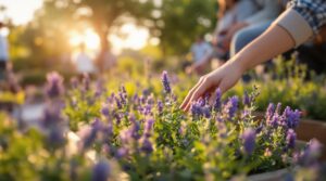 Visitors gently touch aromatic herbs in a sensory garden, with sunlight highlighting lavender, rosemary, thyme, and sage in wooden planters.