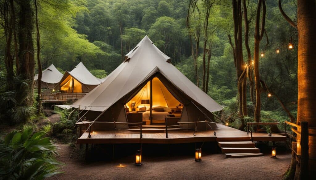 showcasing glamping sites and eco-lodge accommodations