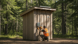 A maintenance worker adjusts a sensor on a small composting toilet building in a forest campground, with soft sunlight filtering through surrounding trees and a solar panel on the roof.