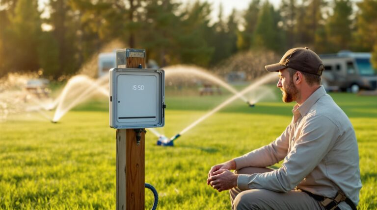 Technician adjusting a smart irrigation controller at a campground with sprinklers watering grass and RVs in the background on a sunny morning