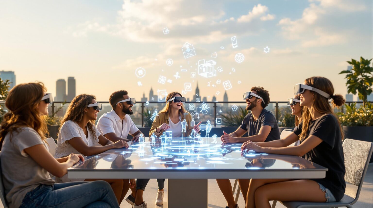 Group of young adults using AR glasses and interacting with virtual games at a smart picnic table on a sunny rooftop garden, with a blurred city skyline in the background.