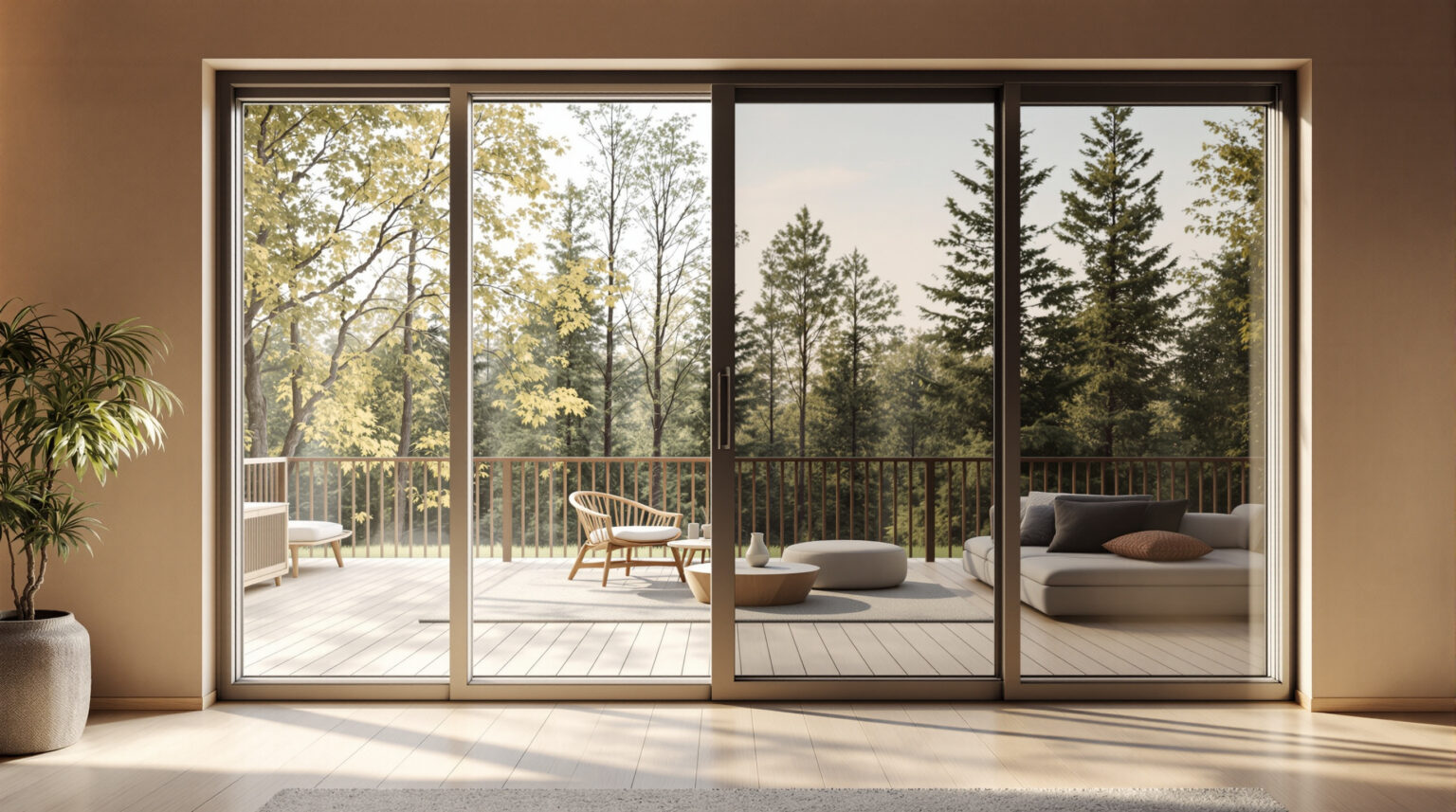 Modern eco-friendly cabin interior featuring floor-to-ceiling smart-tint glass windows with one clear and one tinted pane, sunlight streaming onto minimalist furniture and wood floors, blurred trees visible outside.