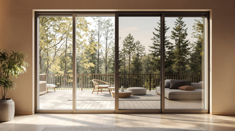 Modern eco-friendly cabin interior featuring floor-to-ceiling smart-tint glass windows with one clear and one tinted pane, sunlight streaming onto minimalist furniture and wood floors, blurred trees visible outside.