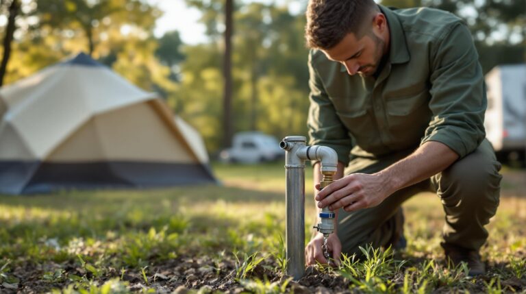 Campground technician installing a smart water meter on a metal water hookup post with blurred tents and RVs in the background, highlighting leak prevention technology.