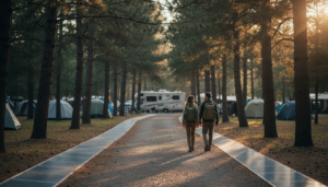 Two campers walking on a gravel path lined with solar panels in a forested campground, with tents and an RV in the background, under warm sunlight filtering through tall pine trees.