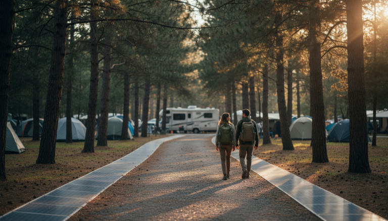 Two campers walking on a gravel path lined with solar panels in a forested campground, with tents and an RV in the background, under warm sunlight filtering through tall pine trees.