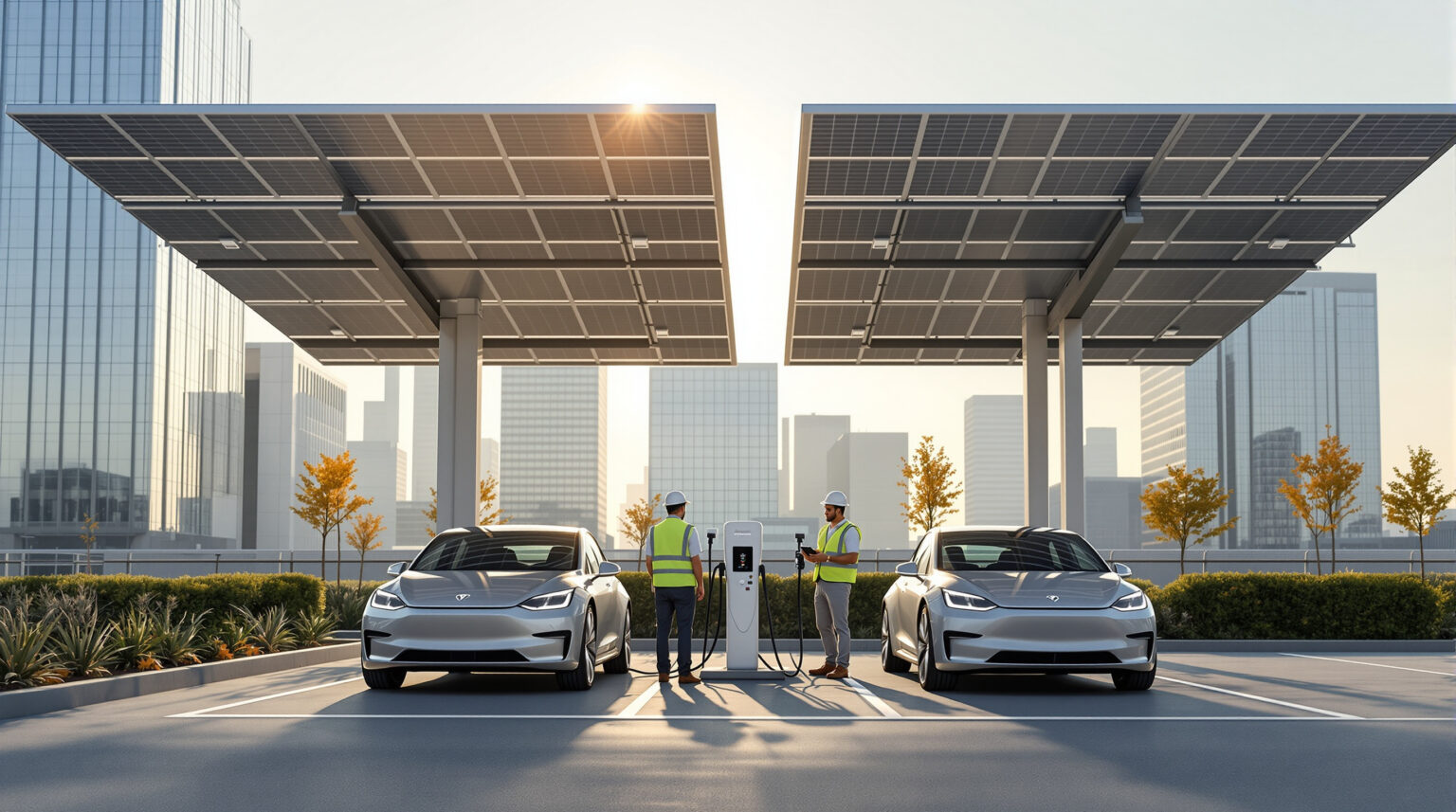 Two solar-panel canopies sheltering electric vehicles charging in a modern, nondescript parking lot, with two engineers in safety vests inspecting equipment under soft golden-hour light.