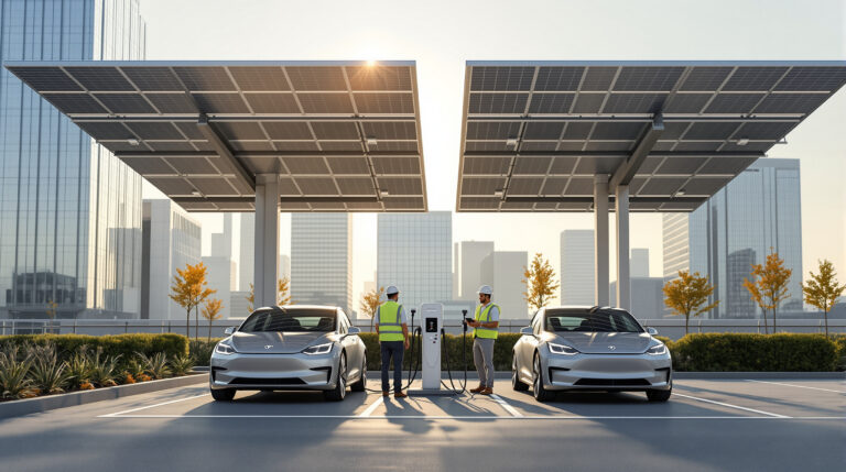 Two solar-panel canopies sheltering electric vehicles charging in a modern, nondescript parking lot, with two engineers in safety vests inspecting equipment under soft golden-hour light.