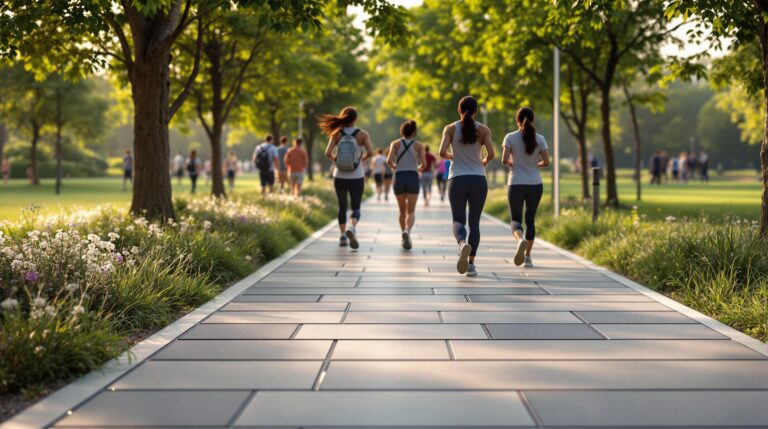 People walking and jogging on solar-kinetic footpath tiles in a generic park setting with lush greenery in the background.