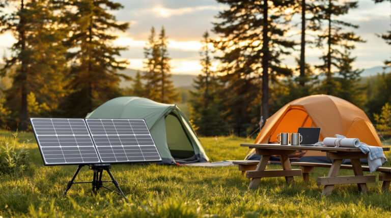 Solar panels powering a mesh Wi-Fi node on a tripod in a forest clearing, with modern tents and a picnic table nearby under warm sunlight.