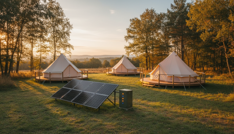Off-grid glamping site with solar panels and canvas tents in a sunlit forest clearing, illustrating sustainable outdoor energy solutions.
