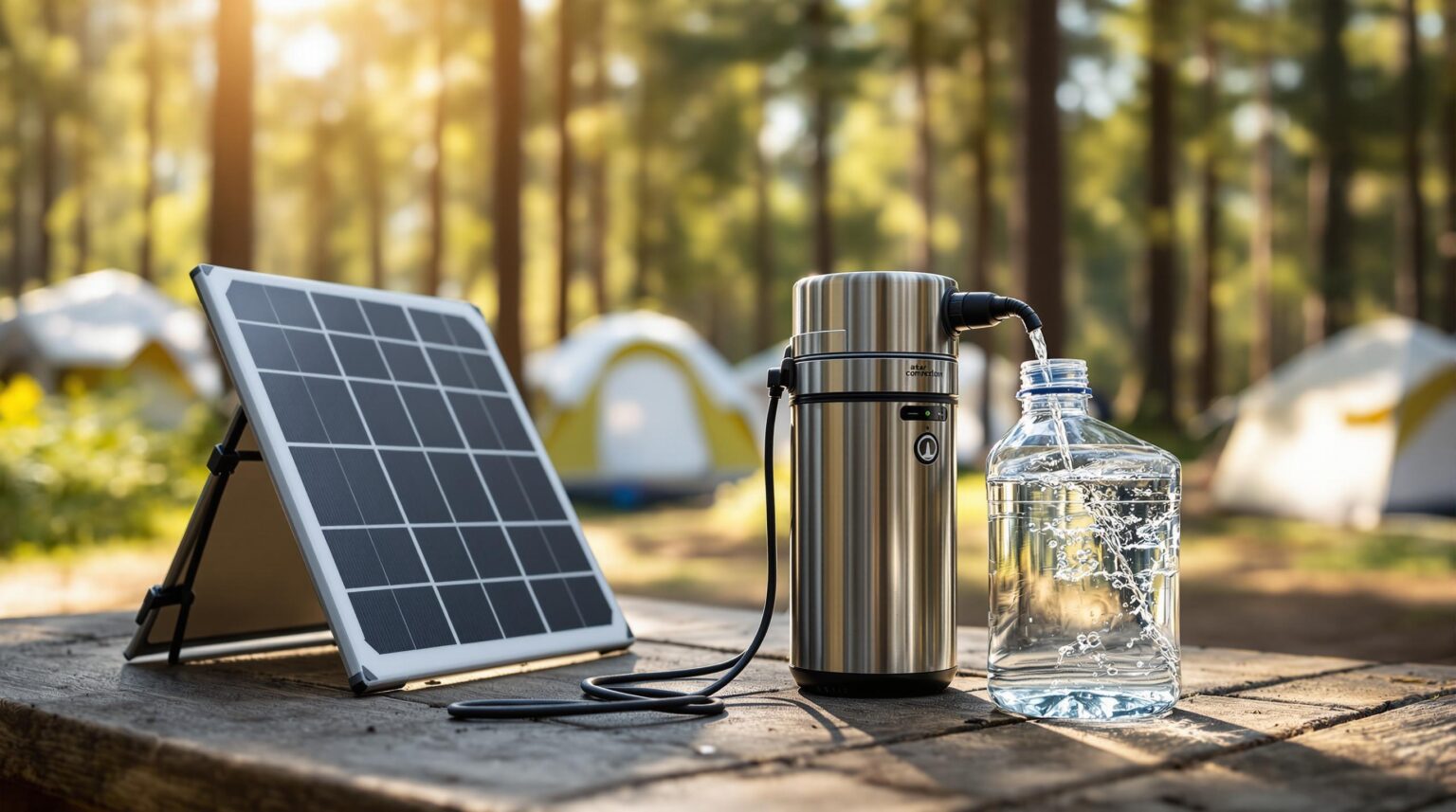 Solar-powered water filtration system on a picnic table at a forest campground with tents and pine trees in the background, highlighting off-grid clean water access for campers.